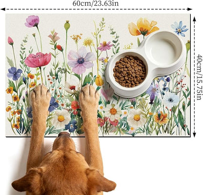 Dog Cat Food Mat - Absorbent Anti Slip Dog Bowl Mats for Food and Water, Quick Dry Cat Feeding Matts for Floors, Diatomite Pet Dish Placemat Accessories Supplies, Wildflower Style, 16 * 24in