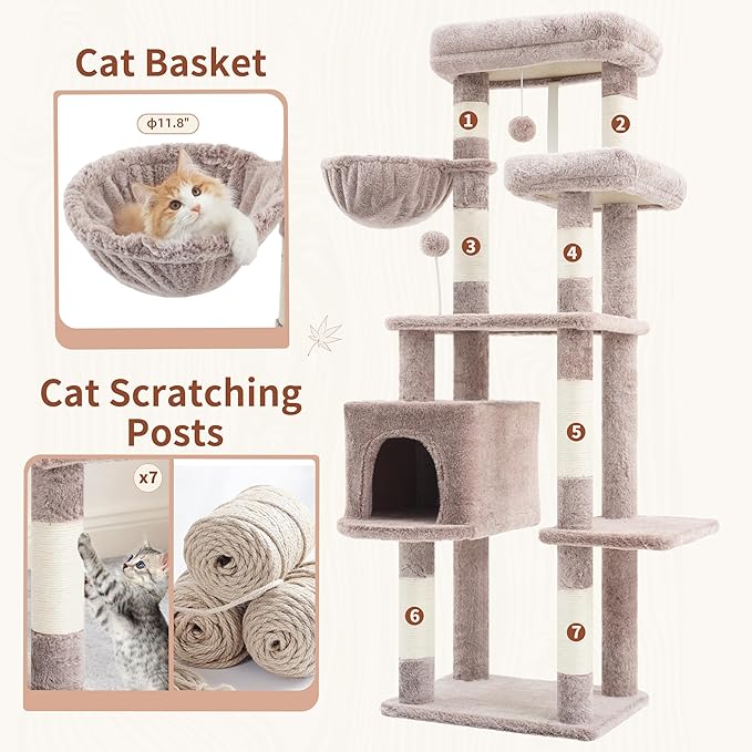 Cat Tree for Indoor Cats, 55.1 inch Cat Tower with 7 Sisal Scratching Posts, Multi-Level Cat Condo wit Large Play Platform Furry Ball, Cat Cave, 2 Padded Perches, Basket, Mushroom GCT013MU