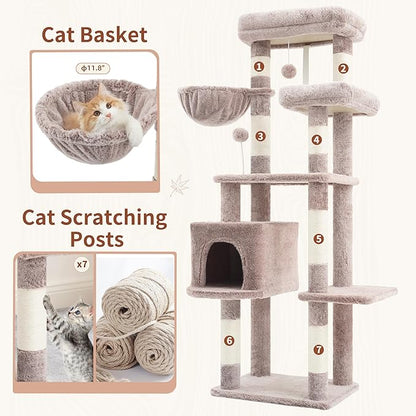 Cat Tree for Indoor Cats, 55.1 inch Cat Tower with 7 Sisal Scratching Posts, Multi-Level Cat Condo wit Large Play Platform Furry Ball, Cat Cave, 2 Padded Perches, Basket, Mushroom GCT013MU