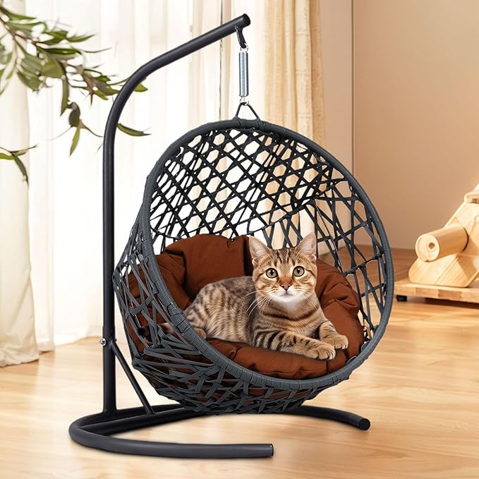 Anwick Cat Swing Bed with Stand & Cushion Indoor Outdoor, Egg Chair with Rattan Wicker Appearance, Indoor Hanging Swinging Hammocks for Cat, Dogs, and Small Animals Bedroom Porch (Brown-2)