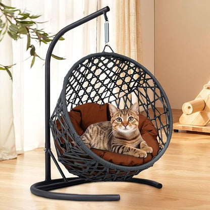 Anwick Cat Swing Bed with Stand & Cushion Indoor Outdoor, Egg Chair with Rattan Wicker Appearance, Indoor Hanging Swinging Hammocks for Cat, Dogs, and Small Animals Bedroom Porch (Brown-2)