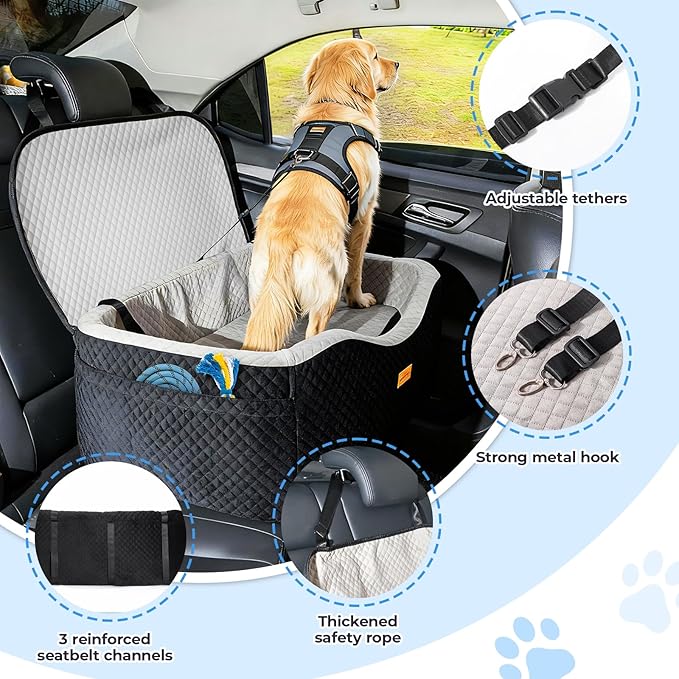 Dog Car Seat for Large Dogs up to 60 lbs or 2 Small Dogs with 4" Memory Foam, Back Seat Medium Pet Booster Seat with Triple Safety Belts, Adjustable Leashes, Detachable/Washable (Black/Gray, Large)