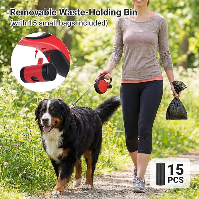 Segarty 26 Ft Walking Lead with Poop Bag Holder for Pet 66 lbs - 110 lbs, 8m Heavy-Duty Retractable Long Leash 360°Tangle-Free with Anti-Slip Handle, One-Handed Brake Pause Lock for Medium Large Dogs