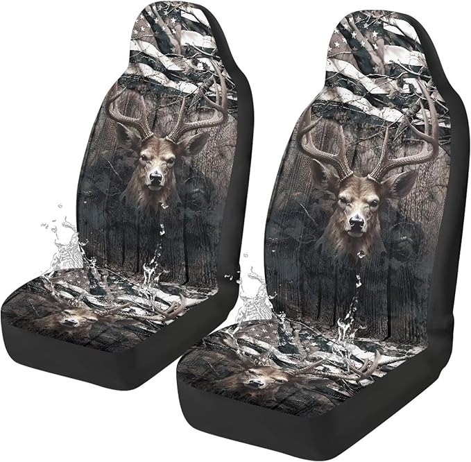 Car Seat Covers 2 Pcs, Waterproof Universal Camo American Flag Deer Hunter Front Seat Protector, Easy Installation Car Interior Accessories Universal for Cars Truck SUV Van