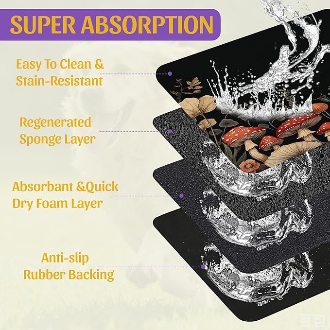 Vintage Mushroom Flower Pet Feeding Mat, Absorbent Dog Cat Bowl Pad, Fast Dry, Waterproof Rubber Back – 16x24 Inch