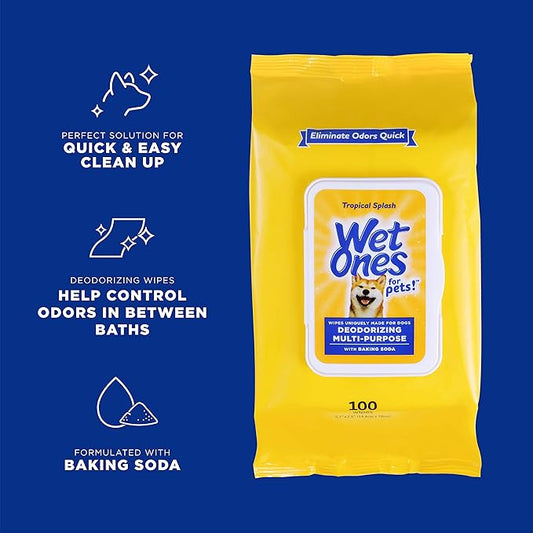 Wet Ones for Pets Deodorizing Multipurpose Dog Wipes with Baking Soda, Tropical Splash Scent - Desmellizing Wipes for Dogs with Wet Lock Seal, 100 Count
