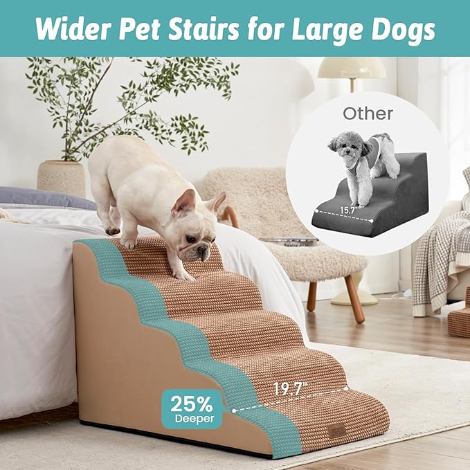 Extra Wide Dog Stairs 19.7" Width, Pet Step for Small/Medium/Large Dog, Puppy or Cat, Pet Ramp for High Bed or Car, High Density Foam Ladder, 19.7x33x22.4 in, Stable, 5 Step, Light Brown