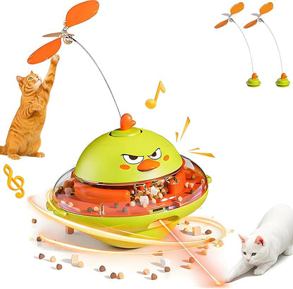hooroor 4-in-1 Automatic Cat Toy, Interactive Laser & Feather Teaser with Bird Sounds & Treat Reward, Self-Balancing 360° Spinning Enrichment Exercise Toy for Bored Indoor Cats & Kittens