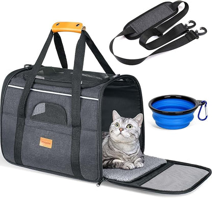 Morpilot Cat Carrier - Cat Carrier Soft for Small or Medium Cats up to 20lbs, with Sided Cushion, Secure Buckle and Foldable Bowl, Dog Carriers for Small Dogs (Dark Gray)
