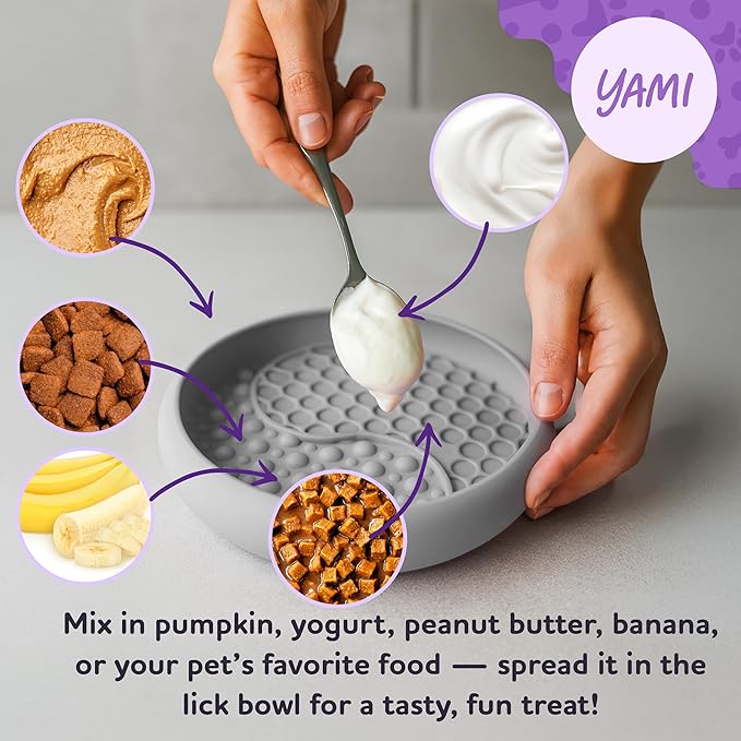 YAMI Dog Lick Bowl, Lick Mat for Dogs, Wet Food Cat Slow Feeder, Freeze Bowl, Enrichment & Puzzle Toy for Anxiety Relief, Food-Grade Silicone, Suction Cups, Dishwasher Fit, for All Breed (Light Gray)