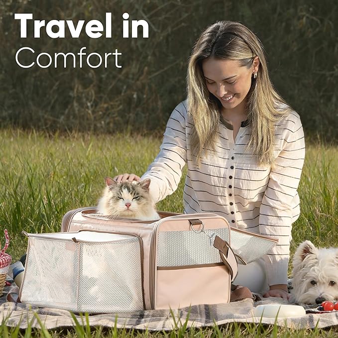 FUKUMARU Cat Carrier, 18x11x11 Expandable Soft Cat Travel Carrier, Ventilate Airline Approved Dog Carrier, Durable Small Dog Carrier with Anti-Scratch Mesh, Escape-Proof Pet Carrier for Cat, Pink