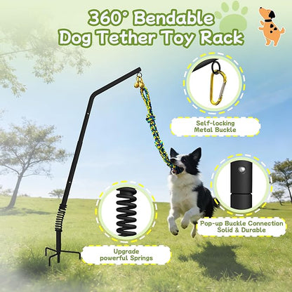Tether Outdoor Dog Rope Toy with Adjustable Height Spring Pole, 3 Kinds Dog Tug of War Toys for Self Play and Interactive in Park, Yard, Lawn Rope, Suitable for Energetic Dog