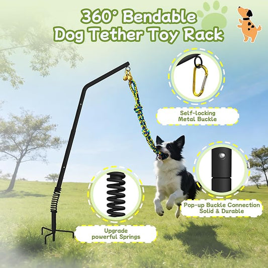 Tether Outdoor Dog Rope Toy with Adjustable Height Spring Pole, 3 Kinds Dog Tug of War Toys for Self Play and Interactive in Park, Yard, Lawn Rope, Suitable for Energetic Dog