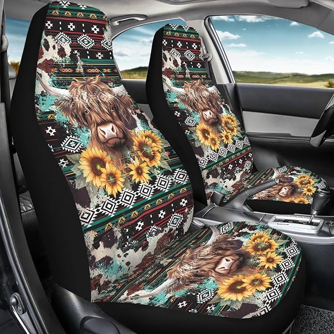 Car Seat Covers Waterproof Vintage Aztec Highland Cow Front Seat Covers Elastic Fabrics Easy Installation Protection Interior Accessories Suitable for Cars, SUV and Trucks