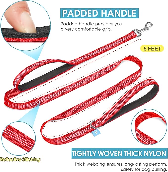 BAAPET Two Handle Dog Leash, Dual Soft Padded Handles with Traffic Control Handle Leash for Small Medium or Large Dogs (1.0'' x 5 FT, Red)