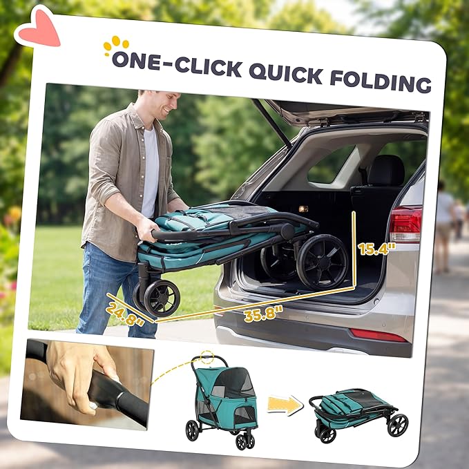 PawHut 3 Wheel Pet Stroller, Dog Stroller Dual Entry, Easy One-Click Quick Fold, All-Terrain Wagon Cart with Air Mesh, Washable Cushion, for Small and Medium Dogs and Cats Up to 44 lbs, Dark Green