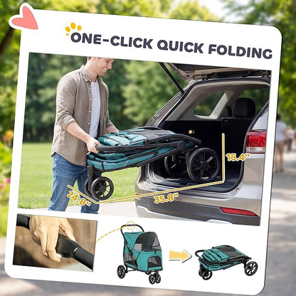 PawHut 3 Wheel Pet Stroller, Dog Stroller Dual Entry, Easy One-Click Quick Fold, All-Terrain Wagon Cart with Air Mesh, Washable Cushion, for Small and Medium Dogs and Cats Up to 44 lbs, Dark Green