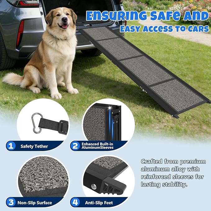 Dog Ramp for Car 71" L x 17" W, Foldable Pet Ramp for Large Dogs with Non-Slip Rug Surface, Portable Dog Car Ramp for SUV, Truck & Vehicle, Heavy-Duty Aluminum Pet Loading Ramp Supports 250 lbs