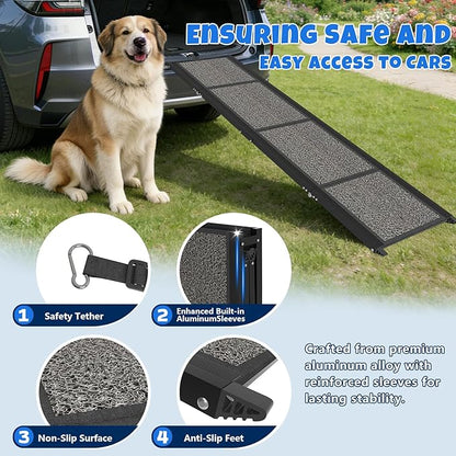 Dog Ramp for Car 71" L x 17" W, Foldable Pet Ramp for Large Dogs with Non-Slip Rug Surface, Portable Dog Car Ramp for SUV, Truck & Vehicle, Heavy-Duty Aluminum Pet Loading Ramp Supports 250 lbs