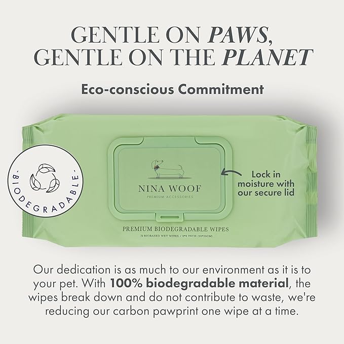 Nina Woof Dog Wipes – Fragrance-Free, Alcohol-Free, Hypoallergenic Pet Grooming Wipes with Aloe Vera, Biodegradable, for Dogs & Cats: Paws, Face, Ears & Butt – 2-Pack (140 Count)