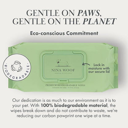 Nina Woof Dog Wipes – Fragrance-Free, Alcohol-Free, Hypoallergenic Pet Grooming Wipes with Aloe Vera, Biodegradable, for Dogs & Cats: Paws, Face, Ears & Butt – 2-Pack (140 Count)