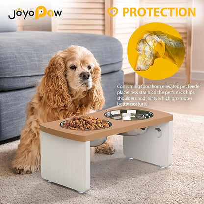 Elevated Dog Bowls, Waterproof Raised Dog Bowl for Medium Dogs, HIPS Poly Lumber Stand with 2 Stainless Steel Bowls, Indoor & Outdoor Use (7'' Tall-40 oz Bowl, Teak-White)