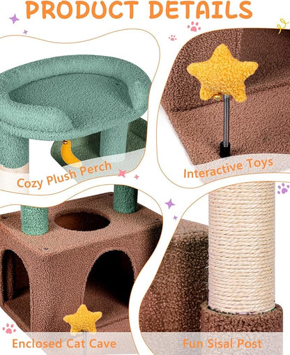 31" Cute Cat Tower for Indoor Kittens with Cat Condo, Plush Platform, Hammock, Sisal Scratching Posts, Dangling Ball, Tall Cat Tree Tower with Self-Grooming Brush (Olive Green)