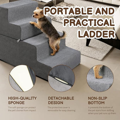 18.7''H Dog Stairs for Small Dogs,4-Step Dog Stairs Steps for High Bed, Pet Steps for Small Dogs and Cats, Non-Slip Removable Washable Cover Ramp for Indoor Outdoor Car SUV Couch Sofa,Grey