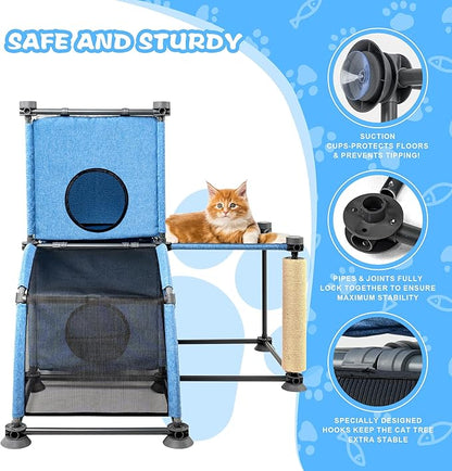 Large Cat Hamock Bed with Scratching Post – Multi-Level Cat Tree with House Condos & Ladder for Indoor/Outdoor Use+Blue/Two-Tier