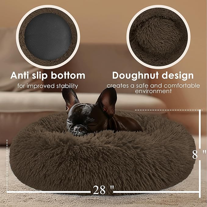 28in Large Dog Bed, Medium Size Dog and Cats, Calming Donut Bed for Puppy and Kitten, Washable Round Fluffy Pet Bed (Coffee)