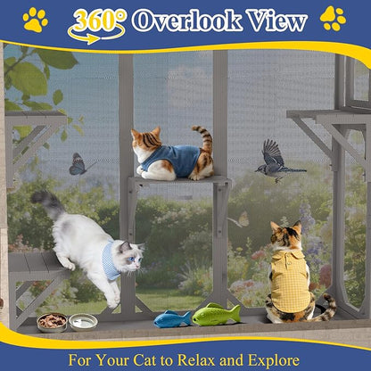 PetsCosset Cat Window Box Wooden Window Catio for Indoor Cats, Cat Enclosure with 4 Platforms & 3 Doors, Wall-Mounted Perch for Sunbathing, Play & Tunnel Connection, All-Weather Use, Keeps Insects Out