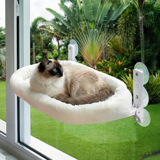 Cat Window Perch – Strong 6 Suction Cup Foldable Cat Hammock Bed for Large Cats and Kittens that Holds up to 50 lbs with Washable Reversible Cover, Sturdy Metal Frame for Window (White)