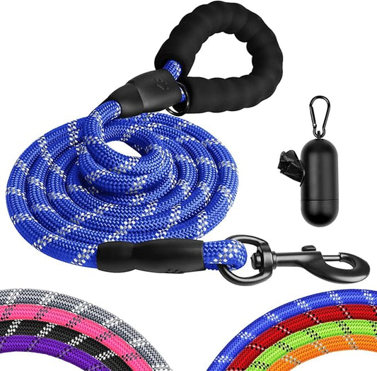 Heavy Duty Dog Leash for Large Medium Small Breed Dogs, Reflective Rope Dog leashes with Comfortable Handle,4/5/6 FT Pet Puppy Leash for Night Walking with Poop Bag Holder,Blue,1/2 inch