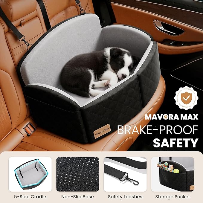 Dog Car Seat for Medium/Large Dogs, Memory Foam Dog Booster Seat with Thick Cushion up to 55 lbs or 2 Small Dogs, Travel Pet Car Seat with Detachable Washable Cover, 2 Safety Leashes (Black/Grey)