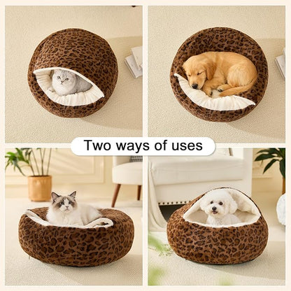 Calming Dog Beds & Cat Cave Bed with Hooded Cover,Removable Washable Round Beds for Small Medium Pets,Anti-Slip Faux Fur Fluffy Coved Bed for Improved Sleep,Fits up to 15/25 lbs(Leopard Print,M)