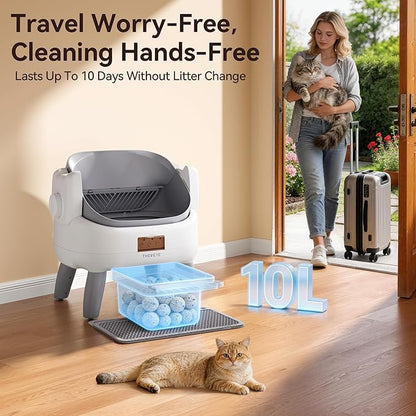 Thereye Automatic Litter Box with Entry Step, Open-Top Self Cleaning Litter Box for Multiple Cats, 11 Safety Protections & App Control, Odor Control Smart Cat Litter Box with Trash Bags/Litter Mat
