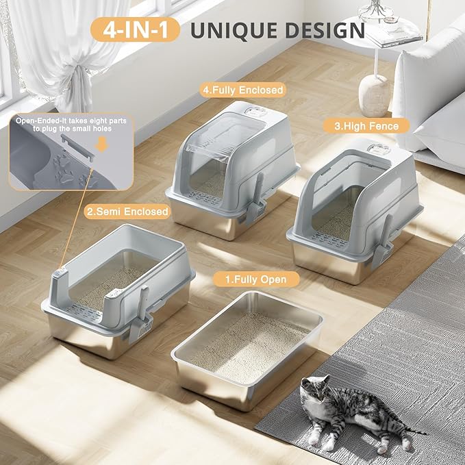 Stainless Steel Cat Litter Box Fully Enclosed, Extra Large Metal High Sided Cat Box with 120° Fully Transparent See-Through Flip Lid, Scoop & Mat - Grey - XL