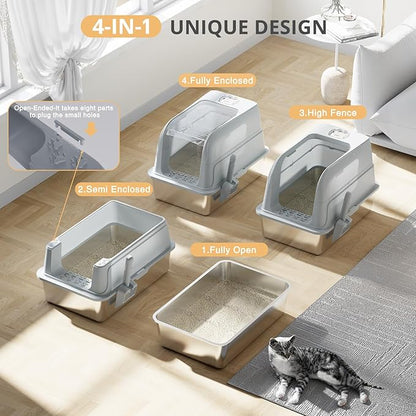 Stainless Steel Cat Litter Box Fully Enclosed, Extra Large Metal High Sided Cat Box with 120° Fully Transparent See-Through Flip Lid, Scoop & Mat - Grey - XL