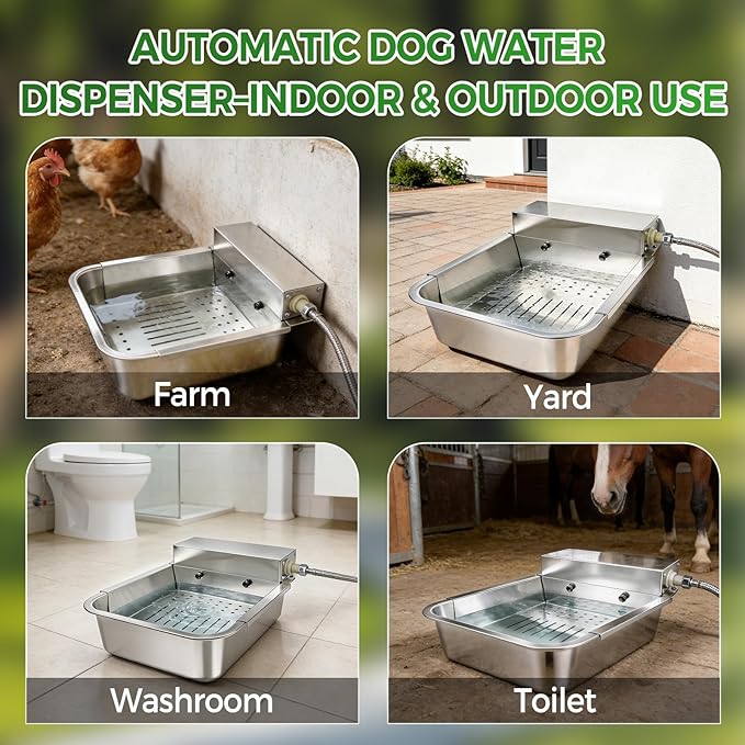 Automatic Dog Water Dispenser with Drain Hole & Sink Strainer, Stainless Steel Auto Dog Water Bowl with Float Valves, Hose Quick Connect Fitting, for Livestock, Chicken, Horse (4 Gallons)