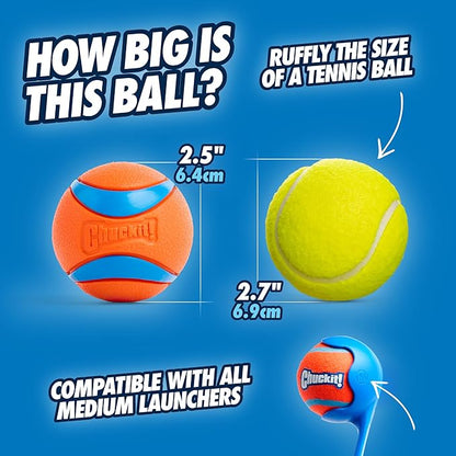 Chuckit! Ultra Dog Ball & Launcher Bundle Classic 26M 26" Length with 2 Pack Medium (2.5") Bouncy Fetch Balls for Dogs 20-60 lbs, Dog Fetch Ball Thrower