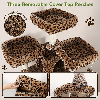 Globlazer Big Cat Tower for Indoor Cats, 80inch Cat Tower for Multiple Adult Cats XXL Cat Tree with Scratching Post, Hammock, 3 Perches, 2 Condos, 2 Hanging Basket, F80, Leopard Print
