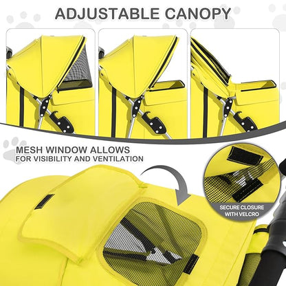 MoNiBloom Foldable Pet Stroller with Waterproof Cover, 3-Wheels Dog Strolling Cart for Small/Medium Dogs and Cats with Storage Basket and Cup Holder, Breathable and Visible Mesh for All-Season, Yellow