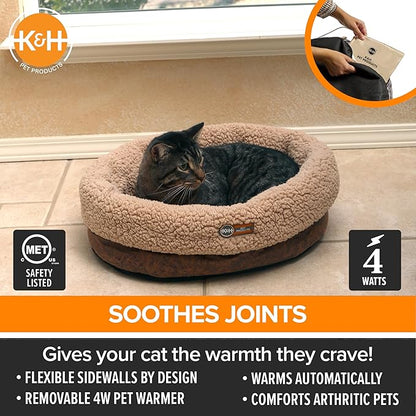 K&H Pet Products Heated Cat Bed Indoor, Thermo-Snuggle Cup Bomber Soft Heated Pet Bed for Large Indoor Cats and Small Dogs, Machine Washable, Waterproof Heated Pad, Safety Listed - 18x14in Chocolate