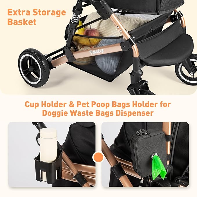 Pet Stroller,Dog Stroller for Medium Dogs Up to 52 Lbs,Cat Strollers for 2 Cats with Waterproof Oxford Fiber Detachable Carrier,Poop Bag Dispenser,Adjustable Handle&Canopy,for Senior Dogs&Cats