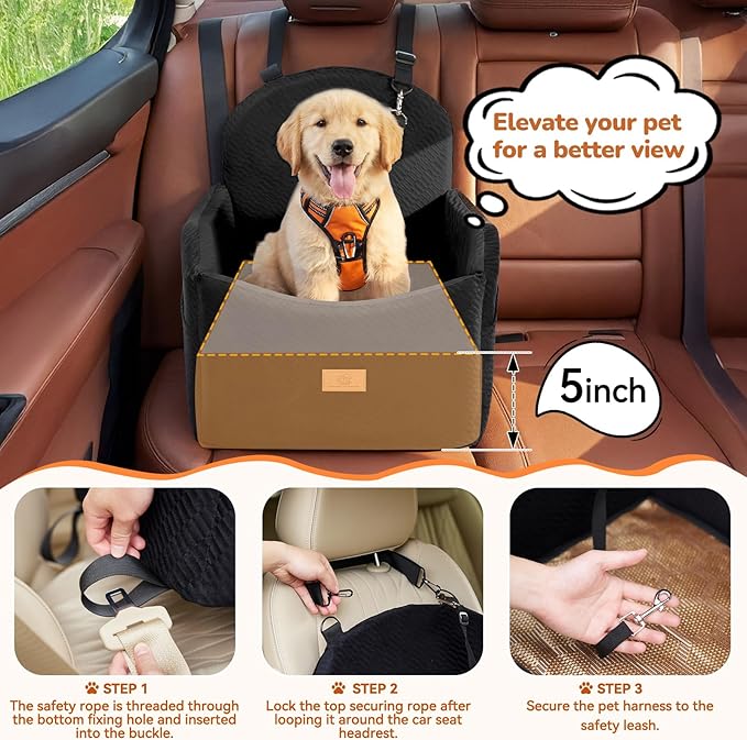 Dog Car Seat for Medium/Small Dogs, Dog Booster Car Seat, Pet Booster Seats Up to 40lbs with Waterproof Layer, 3 Storage Pockets and Safety Belt (Black)