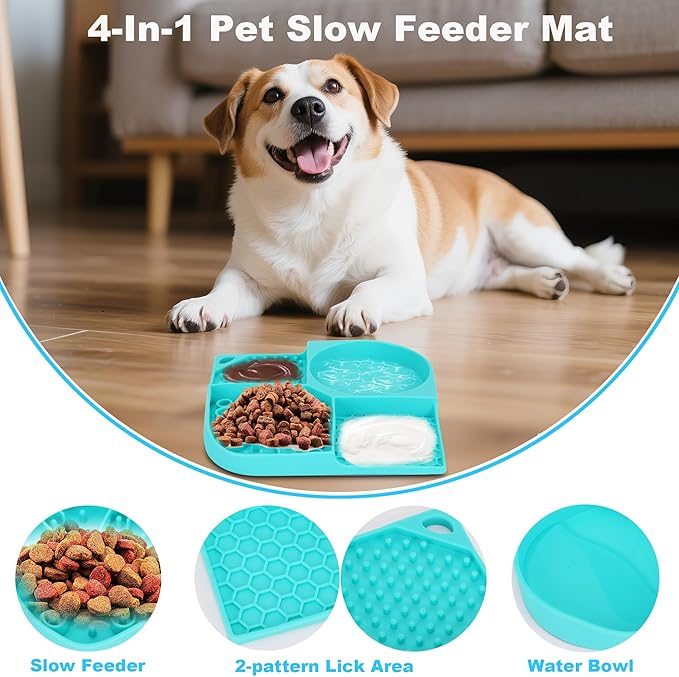 Lick Mat for Dogs, 4-in-1 Slow Feeder Bowl with Non-Slip Suction Cup, Food-Grade Silicone Lick Pads Perfect for Cat Anxiety, Fast Eating & Grooming-Aqua