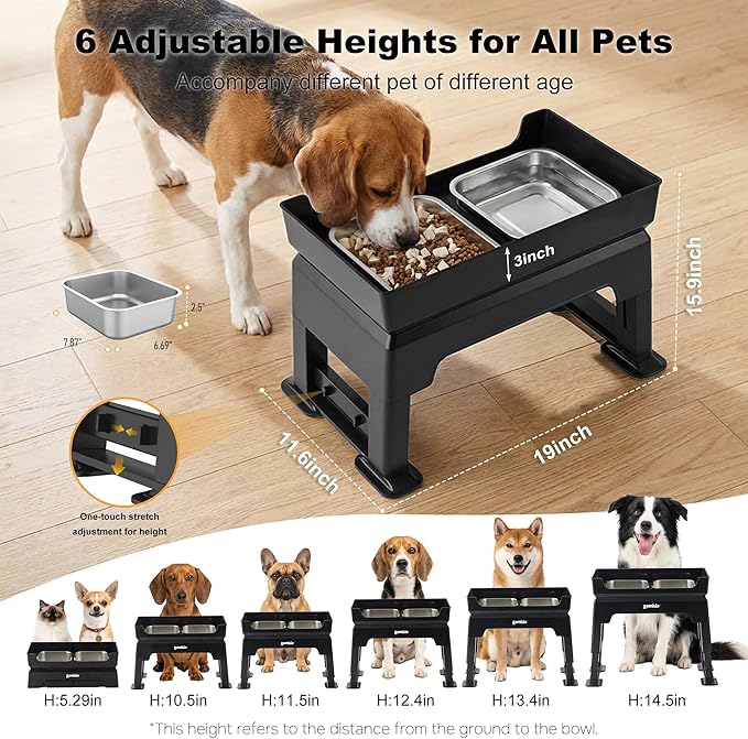 3-in-1 Raised Dog Bowl - 6 Height Adjustable Elevated Dog Bowls Stand, Double Deck Design Mess Proof, Feeding Station with 2 Stainless Steel Bowls & Licking Plate for Small Medium Large Pets