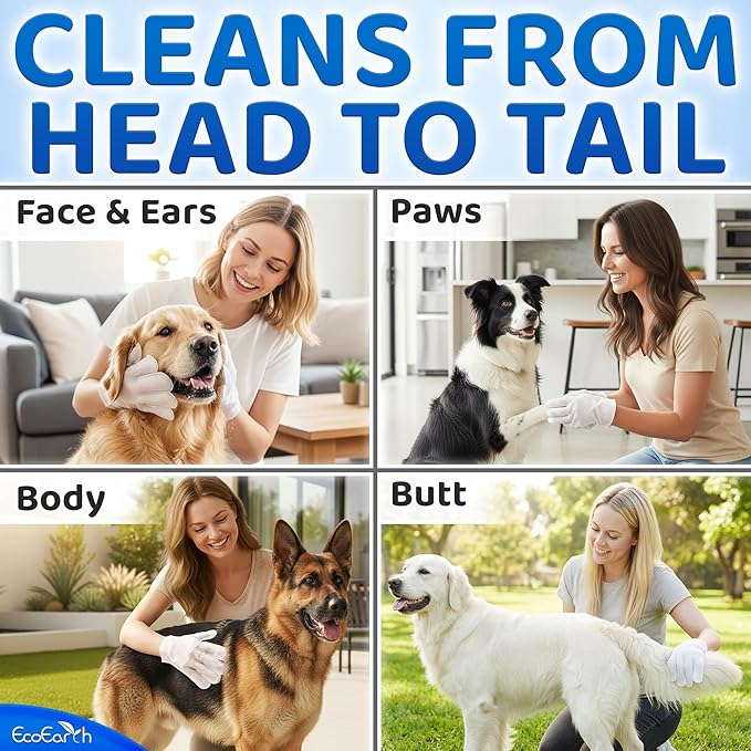 Premium Pet Cleaning Gloves for Dogs & Cats - 1 Bag of 20 Pcs - Disposable Glove Wipes for Bathing, Deodorizing & Grooming - Dog Bath Mitts for Paws, Fur, Face & Butt - Hypoallergenic + Lick Safe