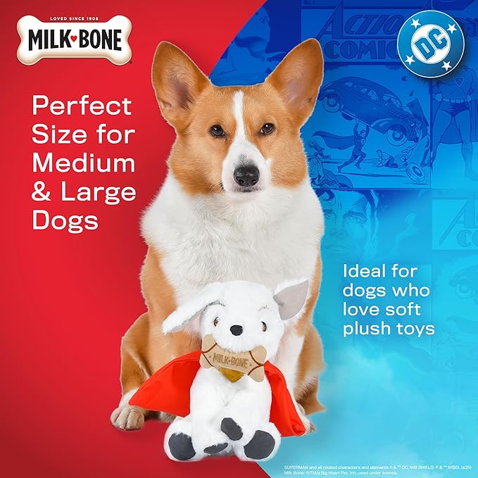 DC Comics Superman Krypto The Superdog Plush Dog Toy – Soft Squeaky Dog Toy with Crinkle Sounds, Cape & Milk-Bone Treat Design, 7.5 Inch
