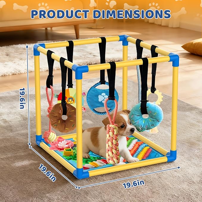 Puppy Play Gym with Snuffle Mat & 8 Hanging Toys Indoor Play Gym Interactive Dog Toys for Boredom Enrichment Activity for Small Dog PVC Frame Stretchy Rope with Velcro (19.6 x 19.6 x 19.6 inch)